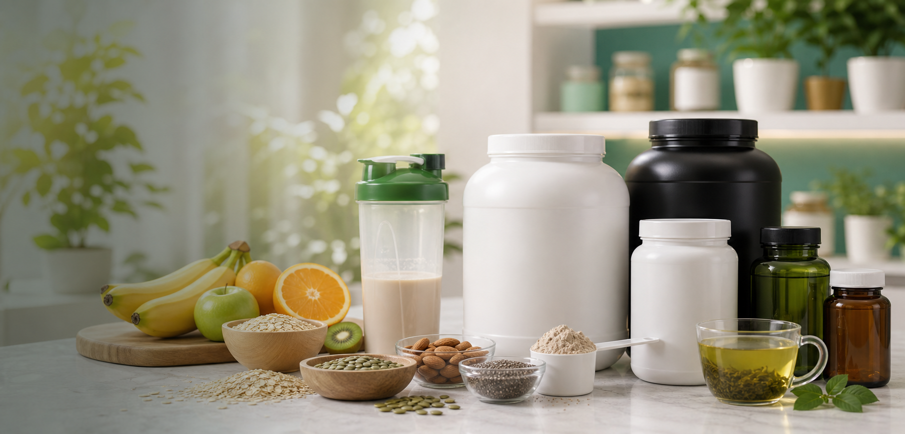 Health nutrition products with supplements, fruits, nuts, and wellness items