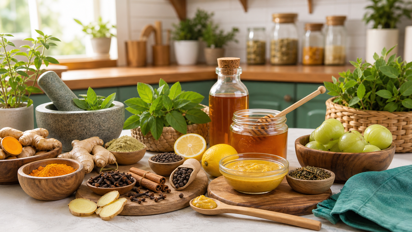 Gharelu nuskhe ingredients with herbs, turmeric, ginger, honey, and preparation bowls