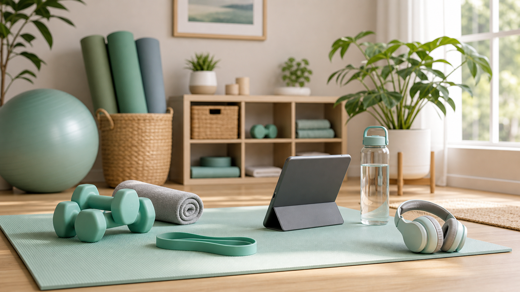 Yoga and exercise setup with mat, dumbbells, tablet, and wellness accessories