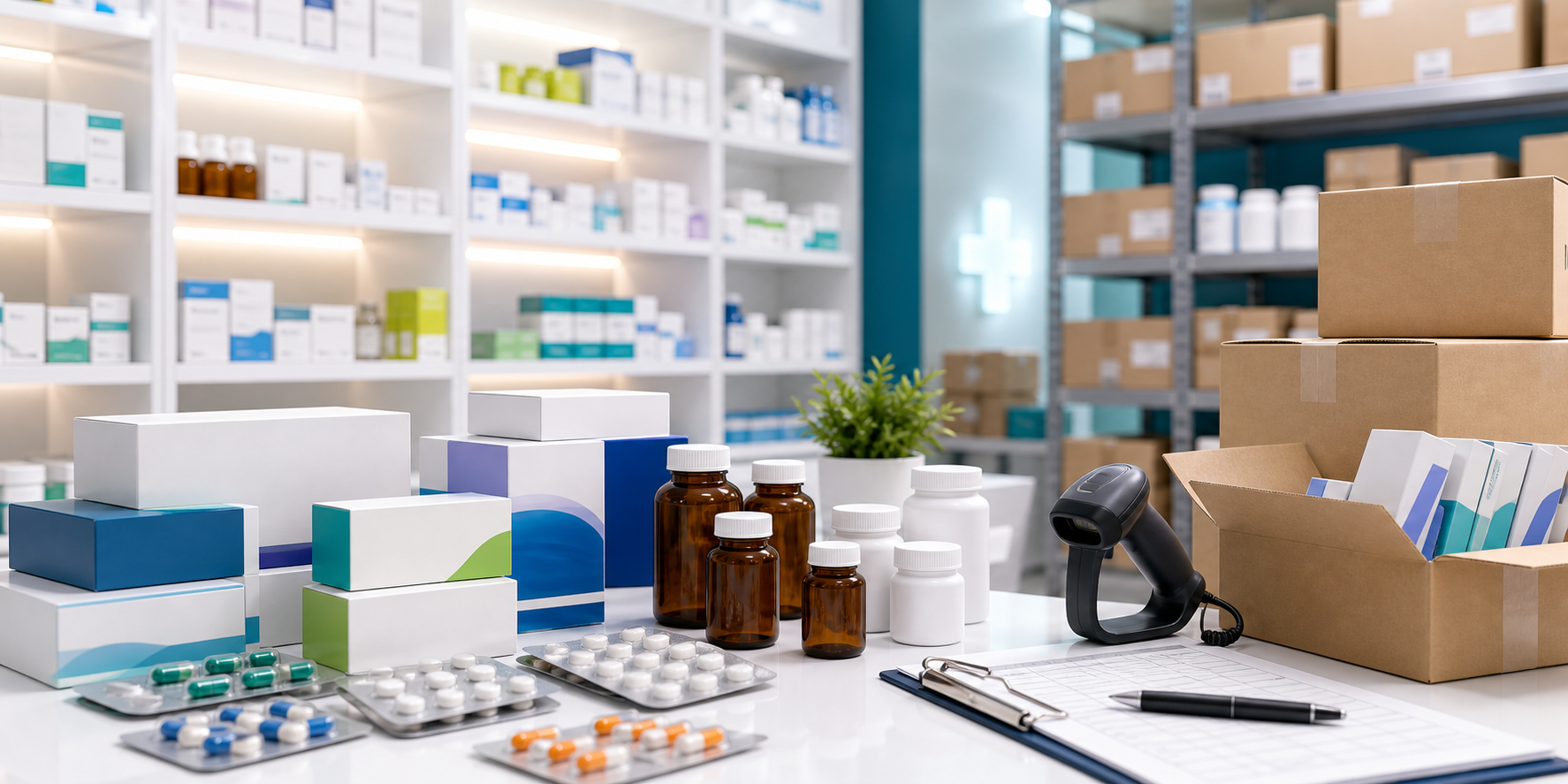Pharma retail and wholesale stock shelves with generic medicine boxes and order cartons